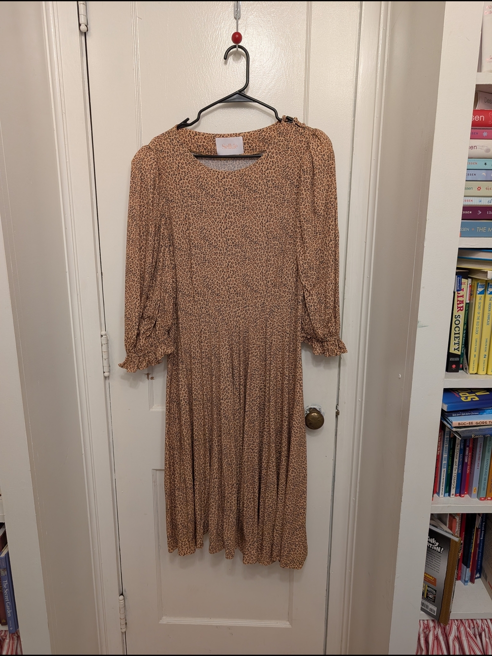 Selkie Day Dress Tan Leopard-Print Long Sleeve Midi Dress